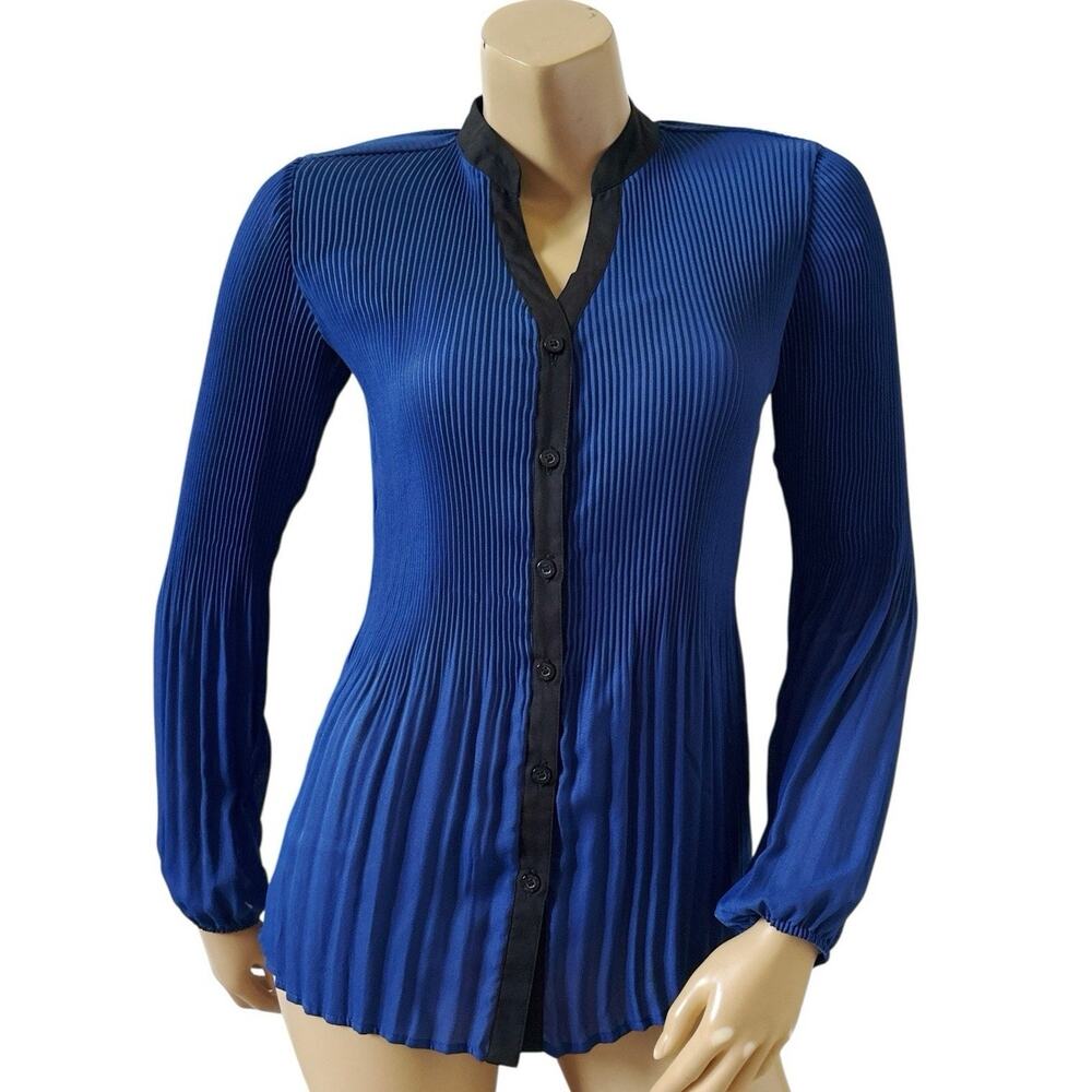 NY Collection Button Front Blouse Crinkle Top Womens XS Blue Black Split Neck